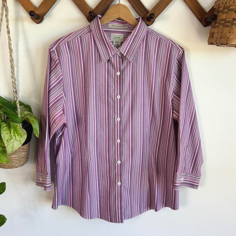 LL Bean Womens Large Purple Striped Wrinkle Resistant Cotton 3/4 Sleeve Shirt